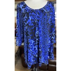 JMS Easy Dressing Women's Size 3X Blue Black Abstract Stretch Knit Top EUC